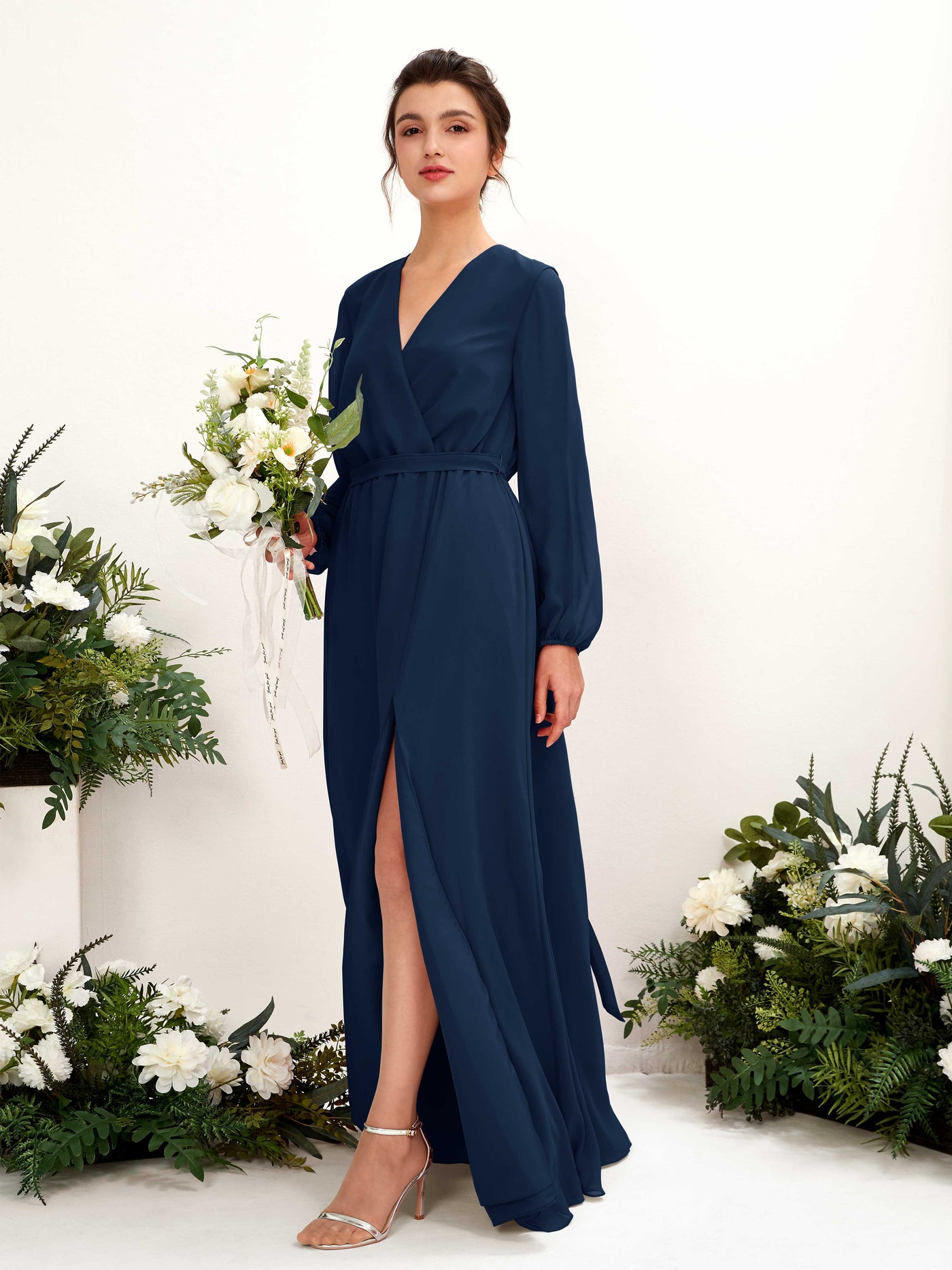 V-neck Long Sleeves Chiffon Bridesmaid Dress (81223213)#color_navy