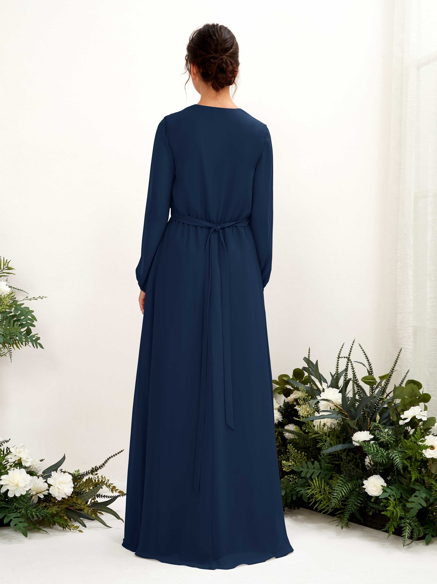 V-neck Long Sleeves Chiffon Bridesmaid Dress (81223213)#color_navy