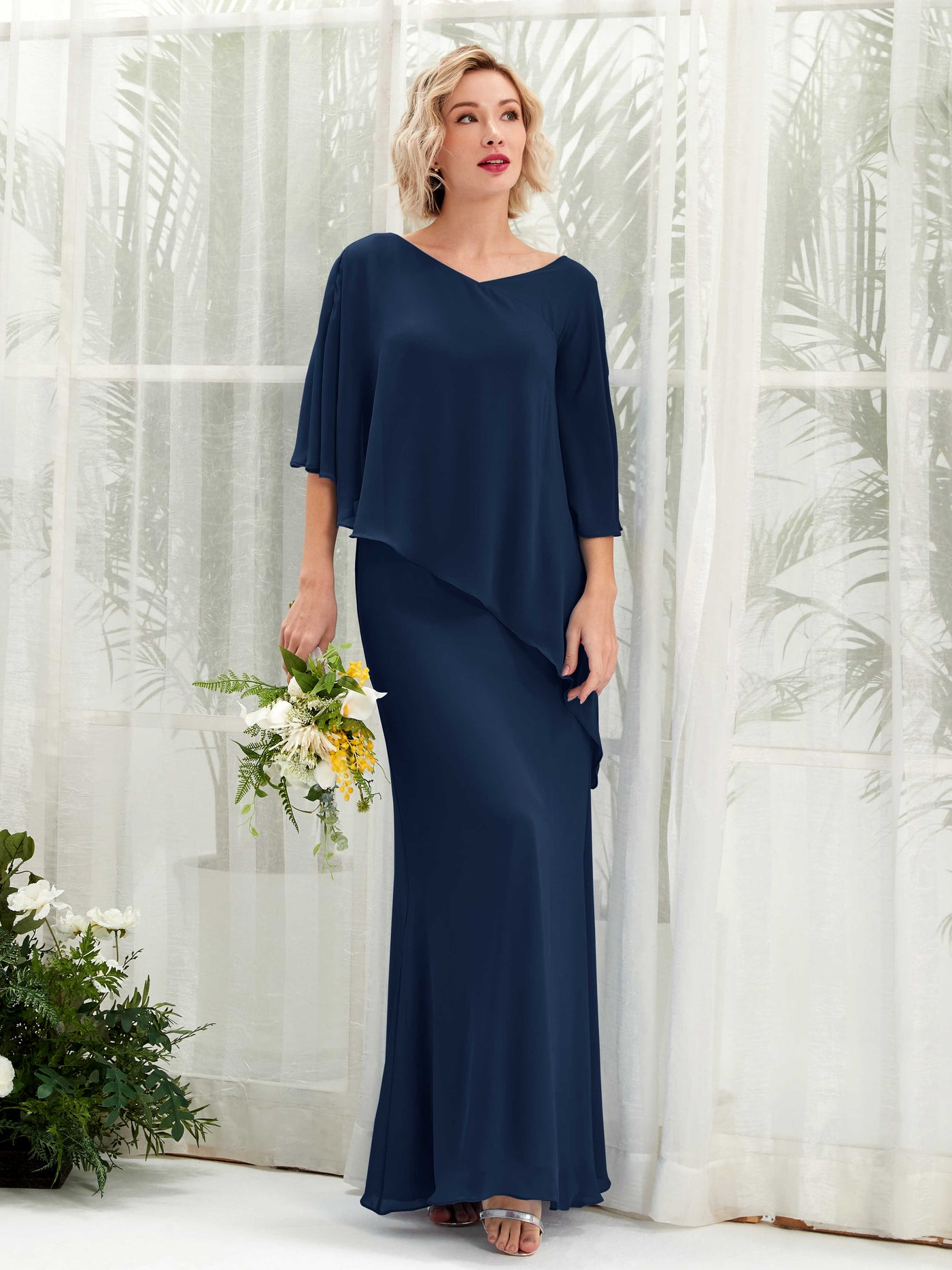 V-neck 3/4 Sleeves Chiffon Bridesmaid Dress (81222513)#color_navy