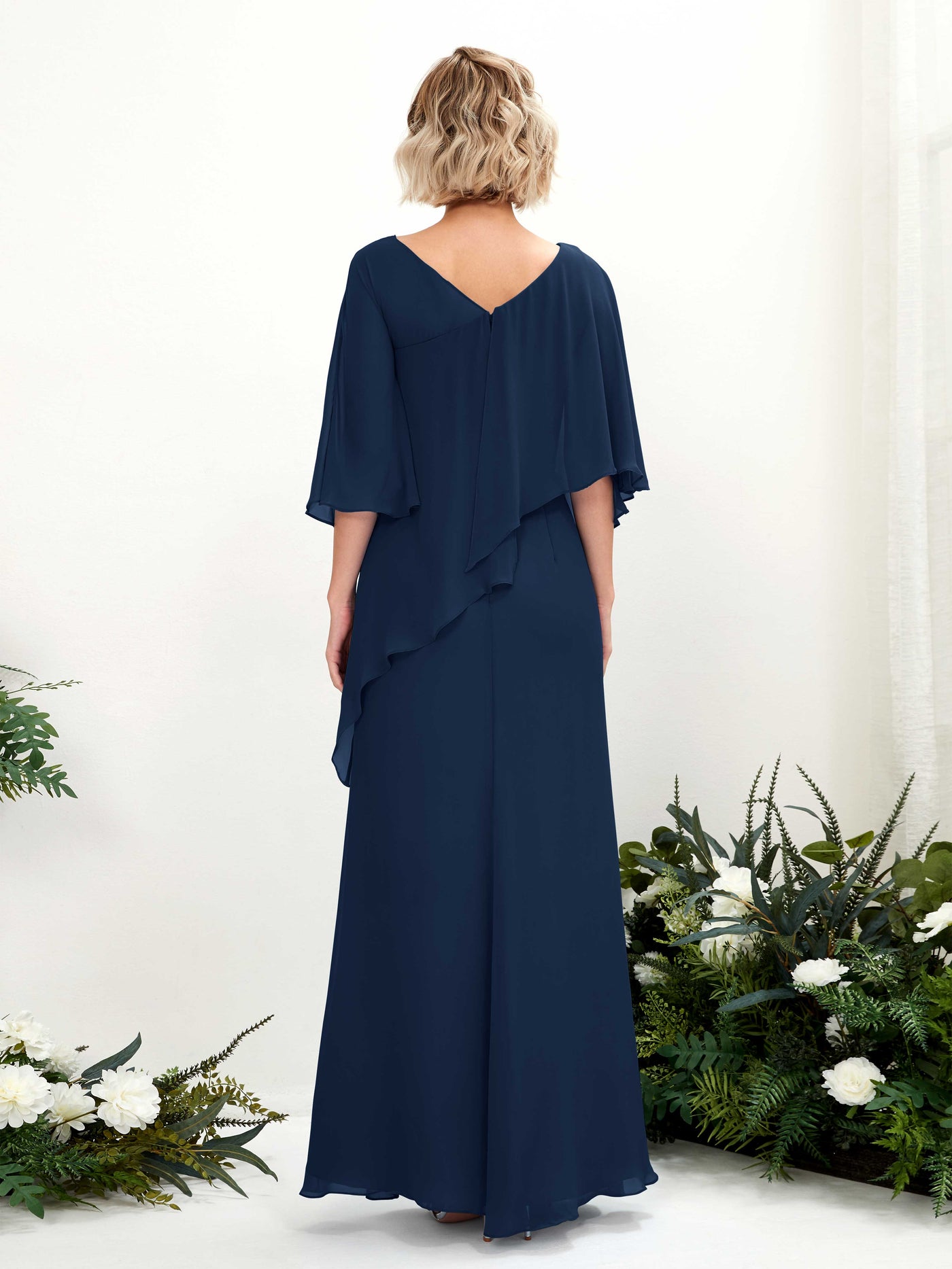 V-neck 3/4 Sleeves Chiffon Bridesmaid Dress  (81222513)#color_navy
