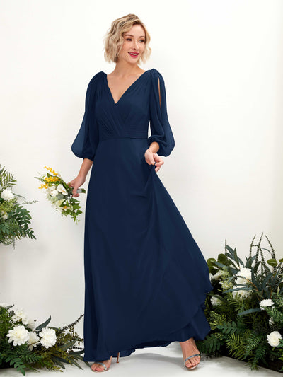 Carlyna Antonia A-Line Navy Bridesmaid Dress Maxi Three Quarter Sleeve V-Neck Dress Front View #color_navy