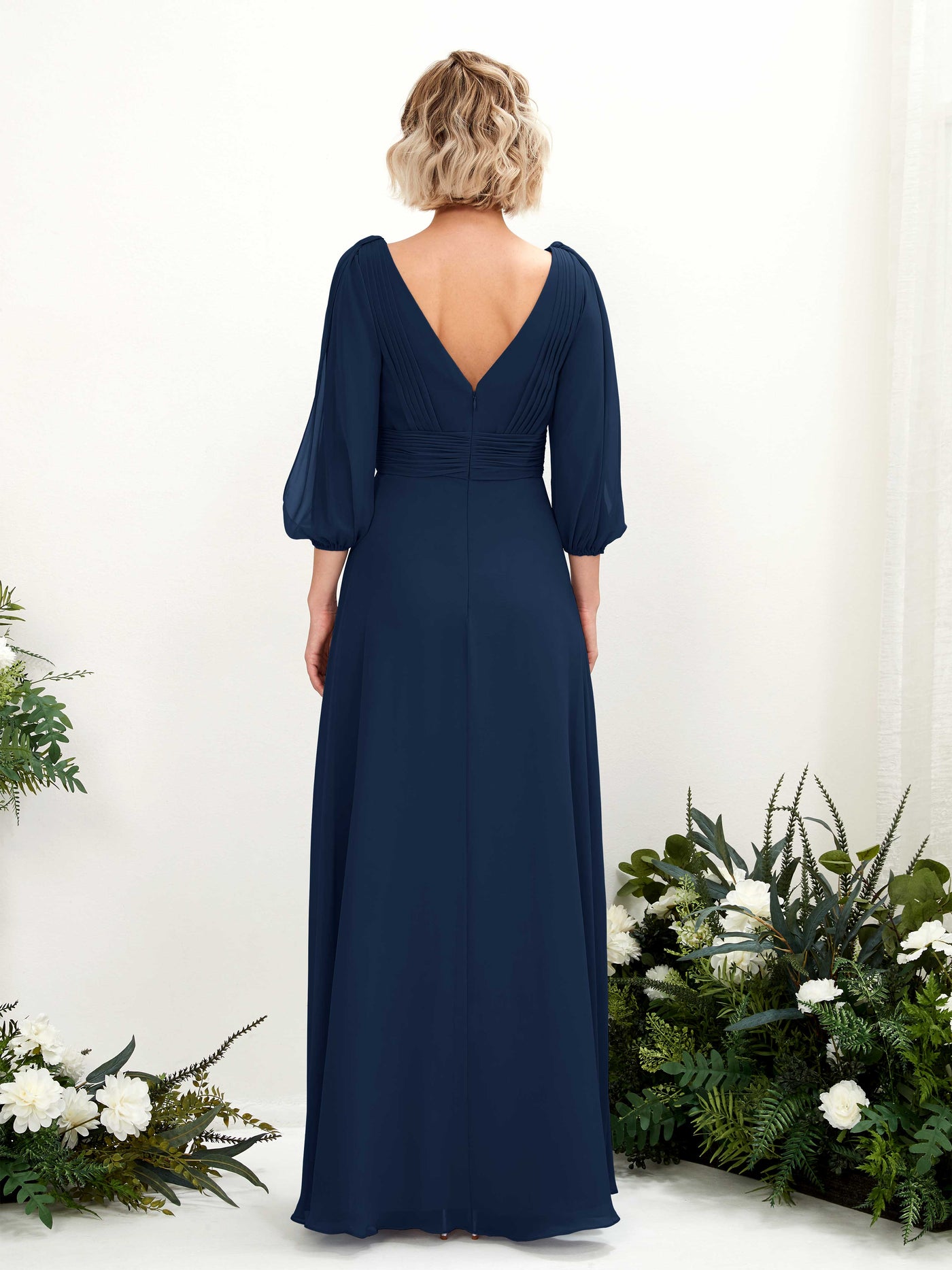 V-neck 3/4 Sleeves Chiffon Bridesmaid Dress (81223513)#color_navy