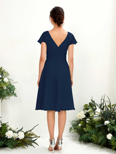 Carlyna Betty A-Line Navy Bridesmaid Dress Knee-Length Short Sleeve V-Neck Dress Back View #color_navy