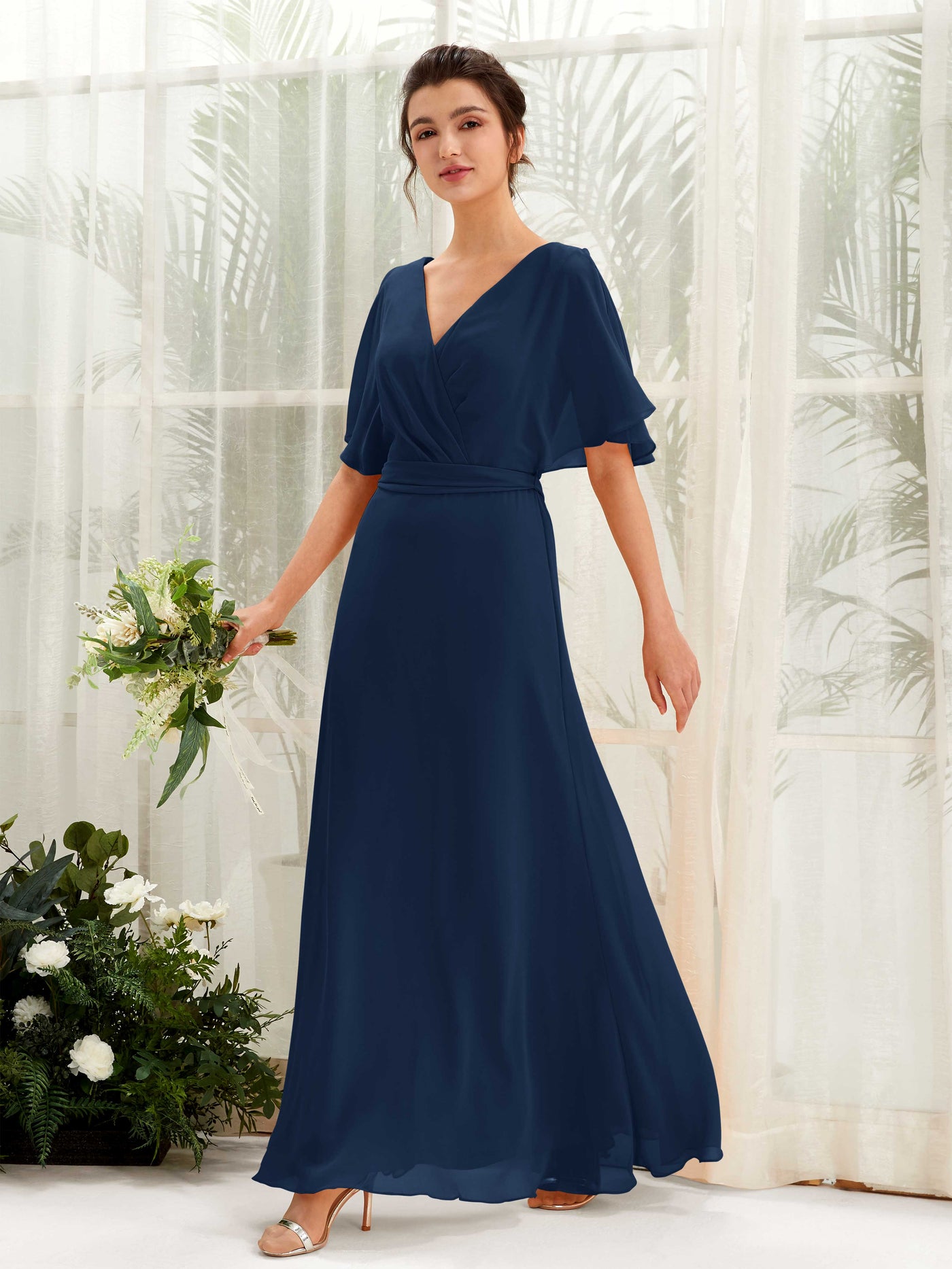 V-neck Short Sleeves Chiffon Bridesmaid Dress (81222413)#color_navy