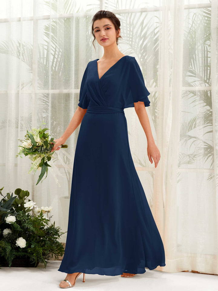 V-neck Short Sleeves Chiffon Bridesmaid Dress (81222413)