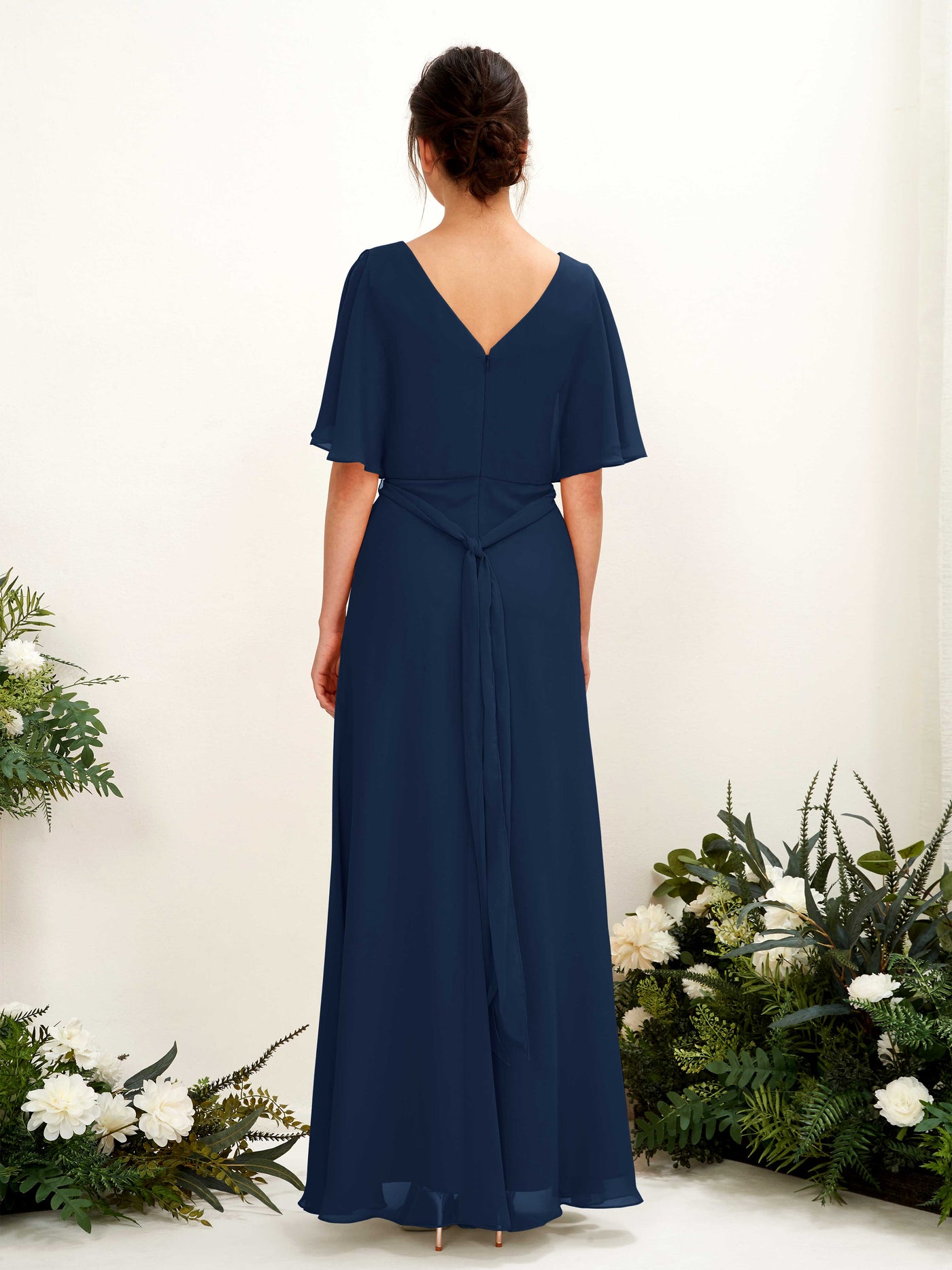 V-neck Short Sleeves Chiffon Bridesmaid Dress  (81222413)#color_navy