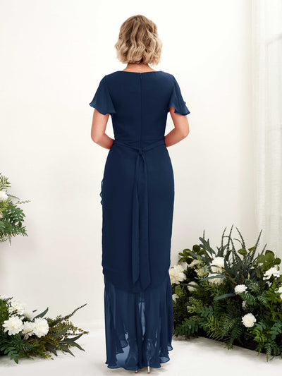 Carlyna Eartha Mermaid Navy Bridesmaid Dress Maxi Cap Sleeve V-Neck Dress Back View #color_navy