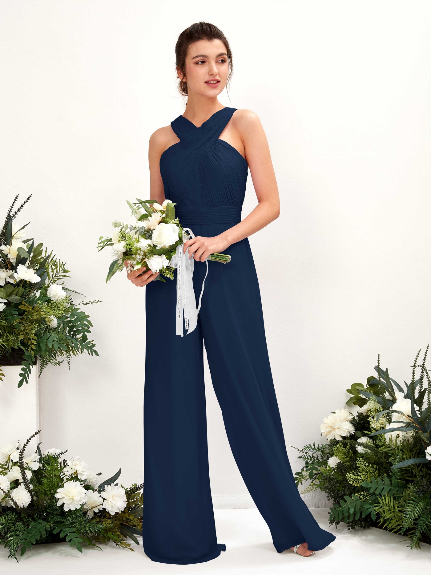 V-neck Sleeveless Chiffon Bridesmaid Dress Wide-Leg Jumpsuit  (81220713)#color_navy