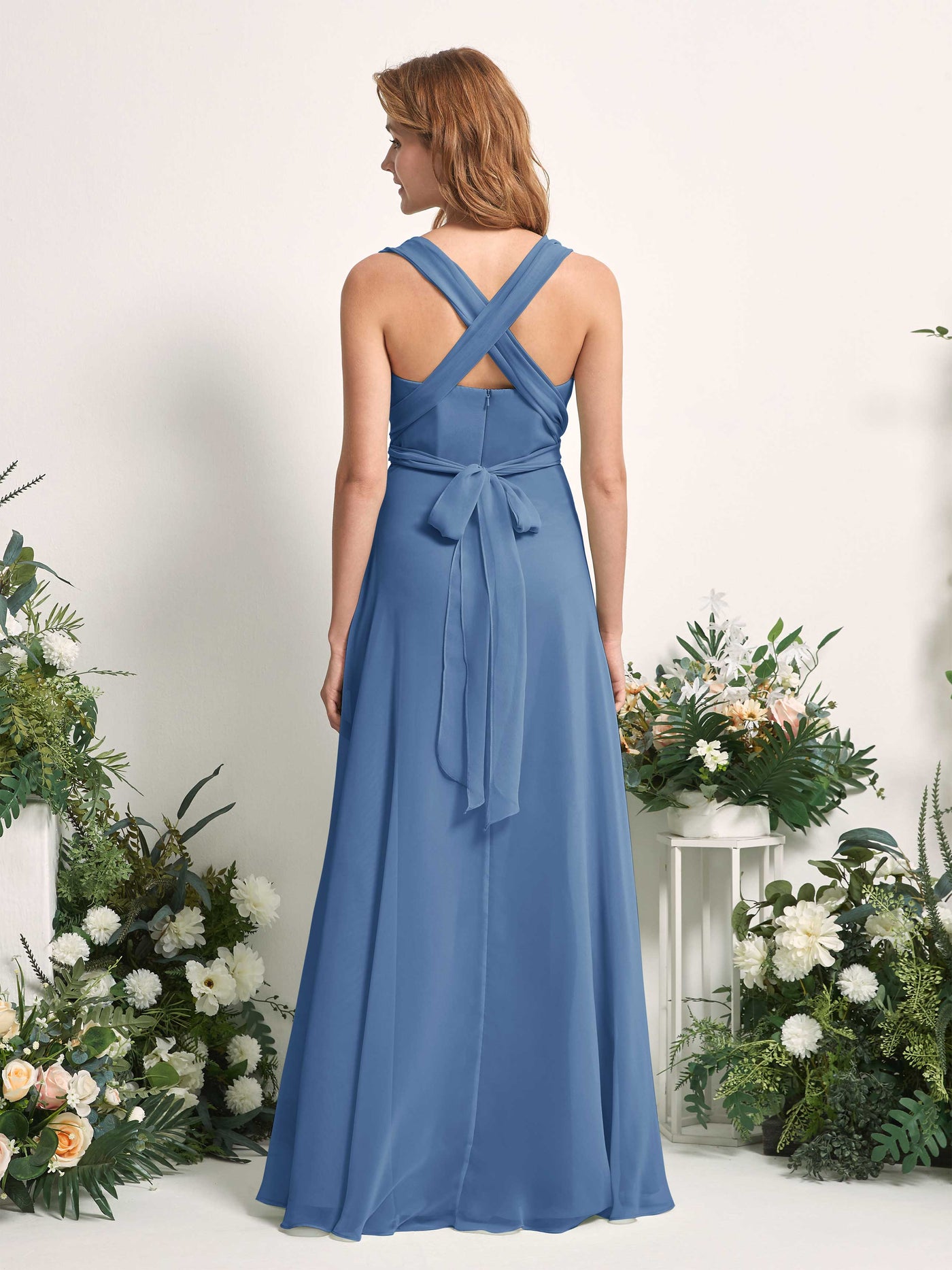 Bridesmaid Dress A-line Chiffon Halter Full Length Short Sleeves Wedding Party Dress - Dusty Blue (81226310)#color_dusty-blue