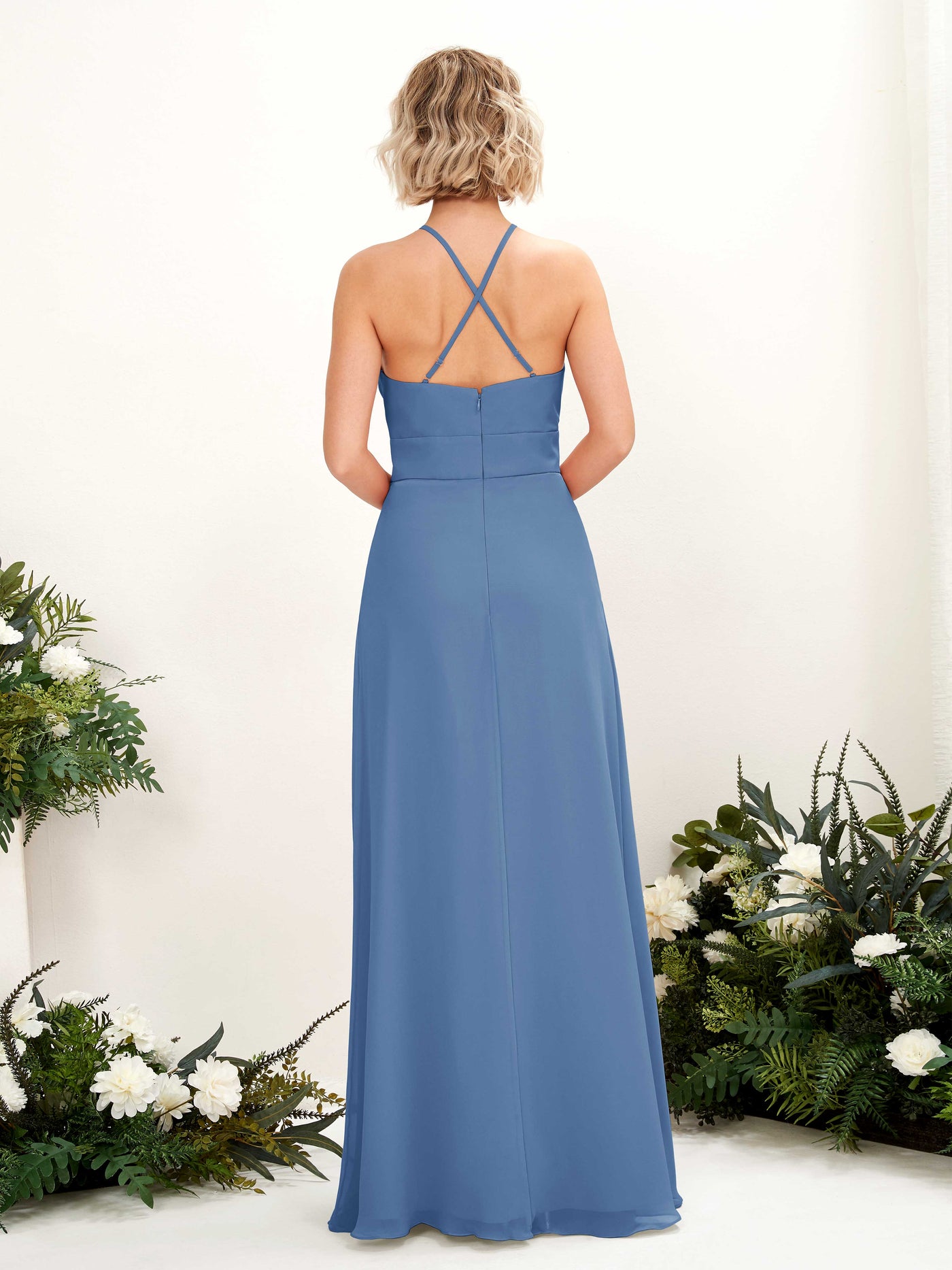 A-line Ball Gown Halter Spaghetti-straps Sleeveless Bridesmaid Dress - Dusty Blue (81225210)#color_dusty-blue