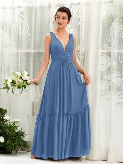 Carlyna Alissa A-Line Dusty Blue Bridesmaid Dress Maxi Sleeveless V-Neck Dress Front View #color_dusty-blue