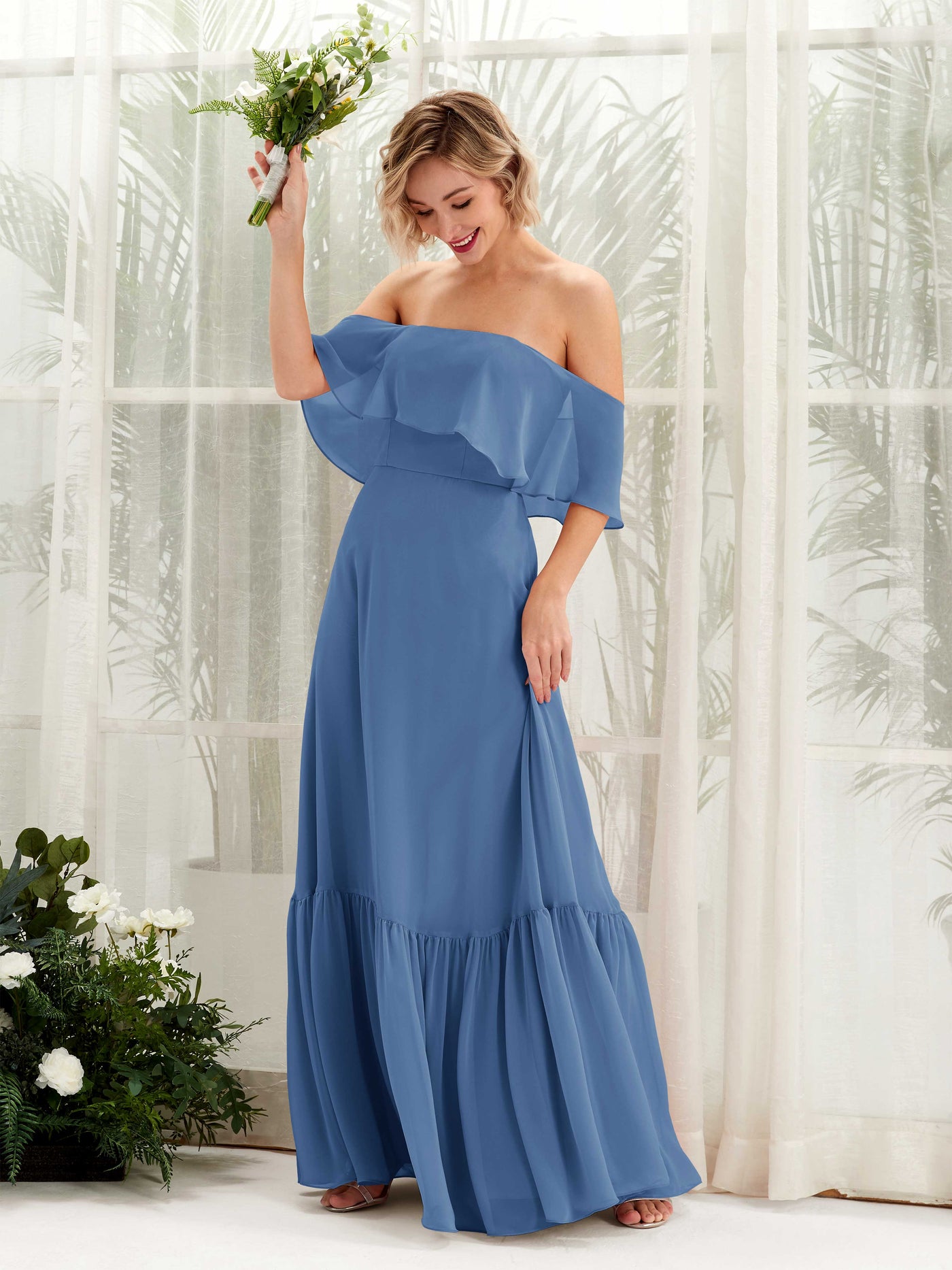 A-line Off Shoulder Chiffon Bridesmaid Dress - Dusty Blue (81224510)#color_dusty-blue