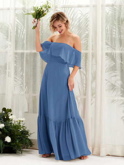 Carlyna Joie A-Line Dusty Blue Bridesmaid Dress Maxi Sleeveless Off the Shoulder Dress #color_dusty-blue