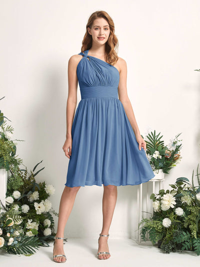 Carlyna Echo A-Line Dusty Blue Bridesmaid Dress Knee-Length Sleeveless One Shoulder Dress Front View #color_dusty-blue