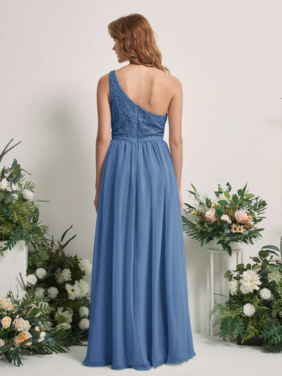 Carlyna Bonita A-Line Dusty Blue Embroidered Bridesmaid Dress Maxi Sleeveless One Shoulder Dress Back View #color_dusty-blue