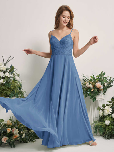 Carlyna Gail A-Line Dusty Blue Beaded Bridesmaid Dress Maxi Sleeveless V-Neck Dress Front View #color_dusty-blue