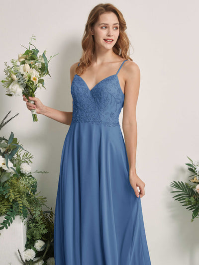 Carlyna Gail A-Line Dusty Blue Beaded Bridesmaid Dress Maxi Sleeveless V-Neck Dress Side View 2 #color_dusty-blue
