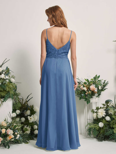Carlyna Gail A-Line Dusty Blue Beaded Bridesmaid Dress Maxi Sleeveless V-Neck Dress Back View #color_dusty-blue
