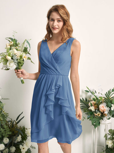 Carlyna Alisha A-Line Dusty Blue Bridesmaid Dress Knee-Length Sleeveless V-Neck Dress Side View 2 #color_dusty-blue