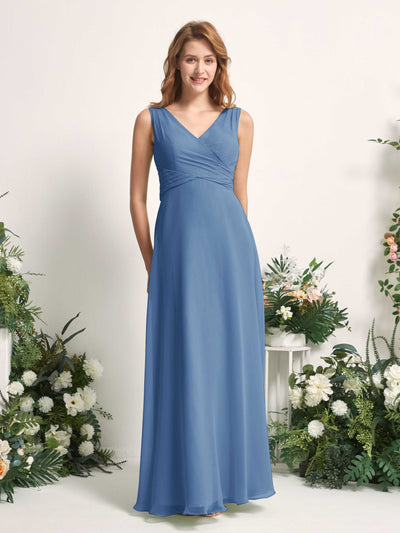 Carlyna June A-Line Dusty Blue Bridesmaid Dress Maxi Sleeveless V-Neck Dress #color_dusty-blue