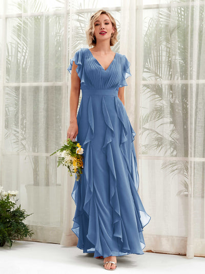 Carlyna Cynthia A-Line Dusty Blue Bridesmaid Dress Maxi Cap Sleeve V-Neck Dress Front View #color_dusty-blue