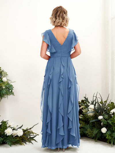 Carlyna Cynthia A-Line Dusty Blue Bridesmaid Dress Maxi Cap Sleeve V-Neck Dress Back View #color_dusty-blue