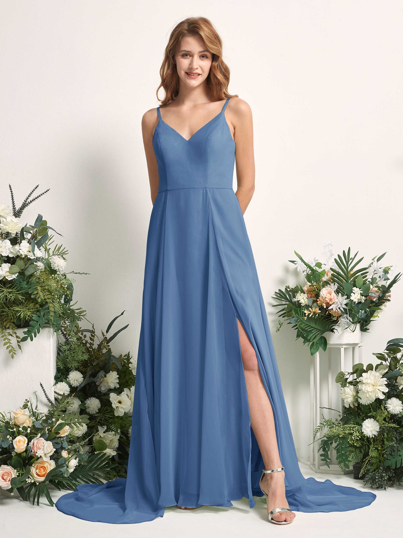 Bridesmaid Dress A-line Chiffon Spaghetti-straps Full Length Sleeveless Wedding Party Dress - Dusty Blue (81227710)#color_dusty-blue