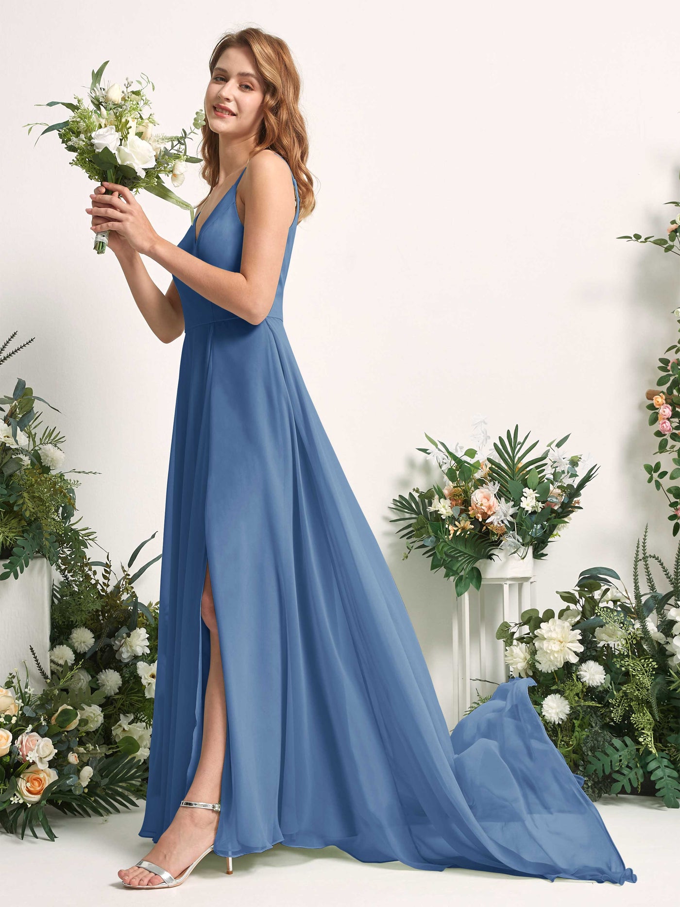 Bridesmaid Dress A-line Chiffon Spaghetti-straps Full Length Sleeveless Wedding Party Dress - Dusty Blue (81227710)#color_dusty-blue