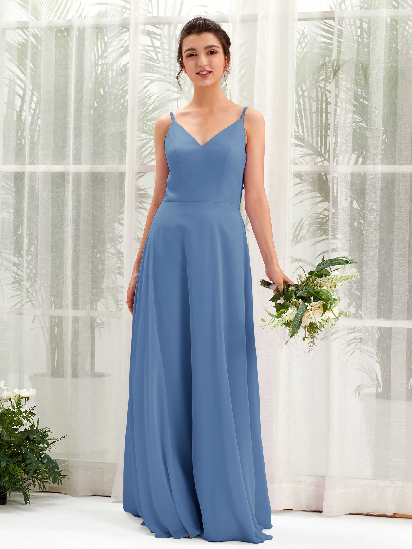 A-line Spaghetti-straps V-neck Sleeveless Chiffon Bridesmaid Dress - Dusty Blue (81220610)#color_dusty-blue