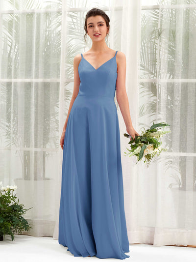 Carlyna Elsa A-Line Dusty Blue Bridesmaid Dress Maxi Sleeveless V-Neck Dress Front View #color_dusty-blue