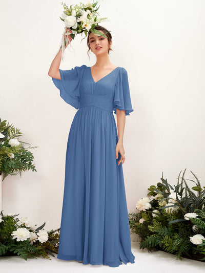 Carlyna Odette A-Line Dusty Blue Bridesmaid Dress Maxi Short Sleeve V-Neck Dress #color_dusty-blue