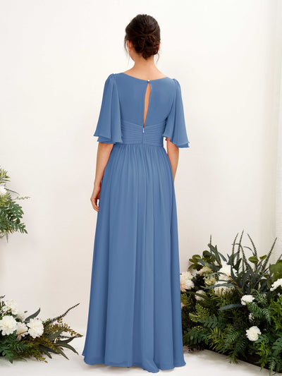 Carlyna Odette A-Line Dusty Blue Bridesmaid Dress Maxi Short Sleeve V-Neck Dress #color_dusty-blue