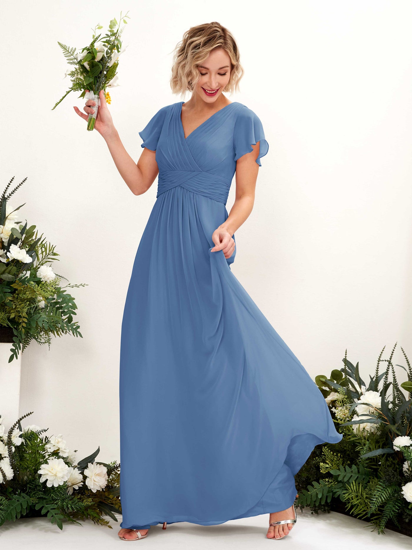 A-line V-neck Cap Sleeves Chiffon Bridesmaid Dress - Dusty Blue (81224310)#color_dusty-blue