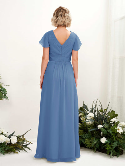 Carlyna Tolly A-Line Dusty Blue Bridesmaid Dress Maxi Cap Sleeve V-Neck Dress #color_dusty-blue