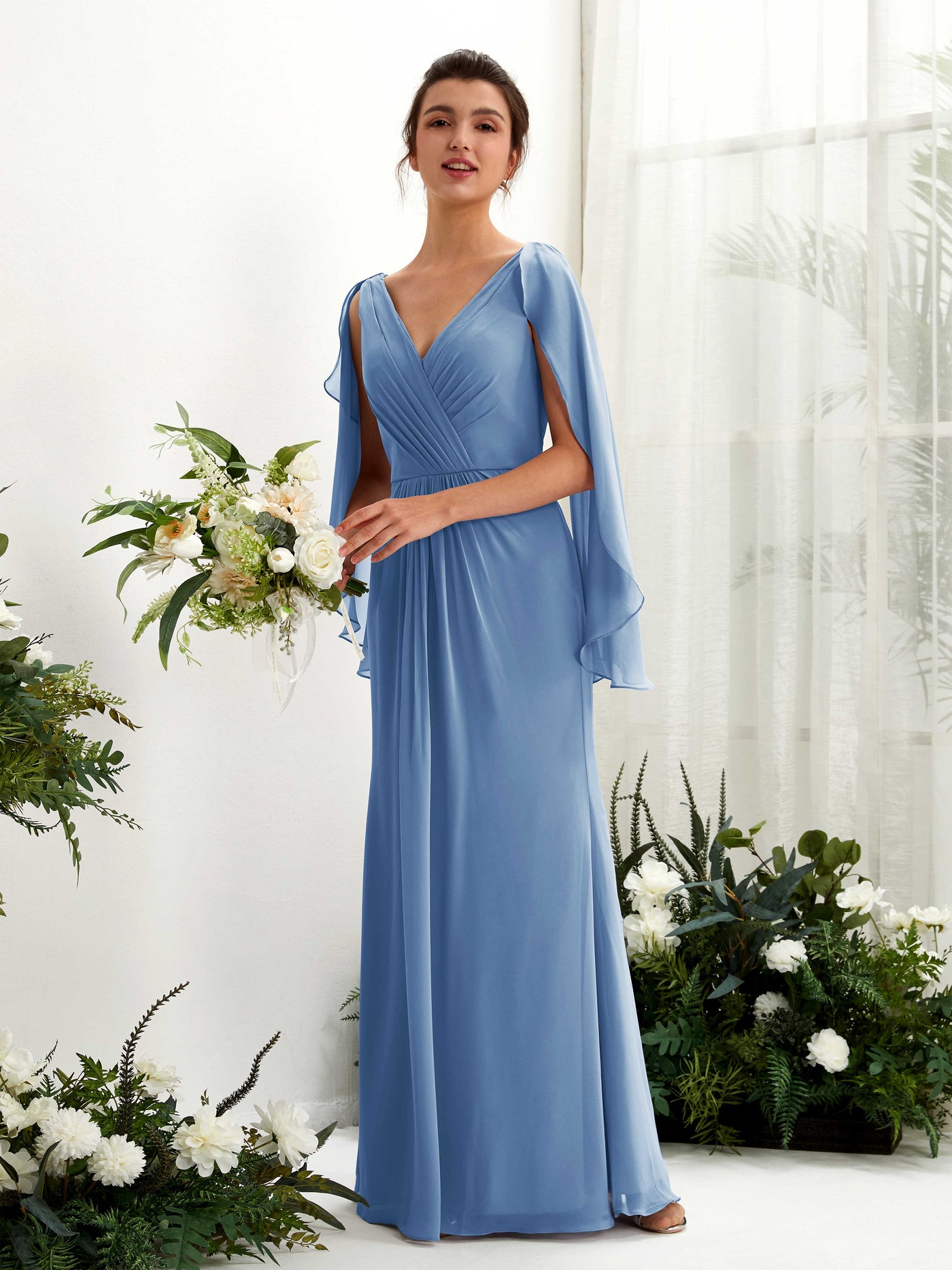 A-line V-neck Chiffon Bridesmaid Dress - Dusty Blue (80220110)#color_dusty-blue