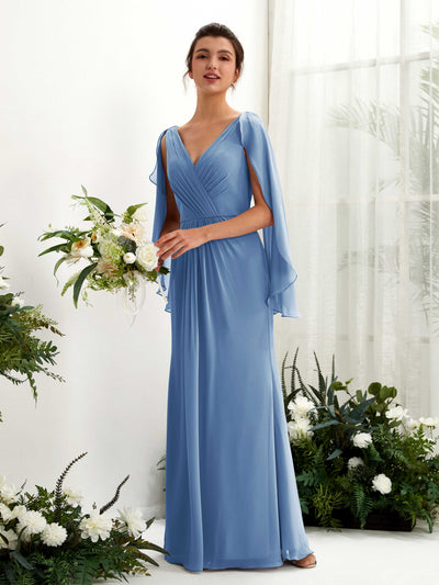 Carlyna Alain A-Line Dusty Blue Bridesmaid Dress Maxi Cap Sleeve V-Neck Dress Front View #color_dusty-blue