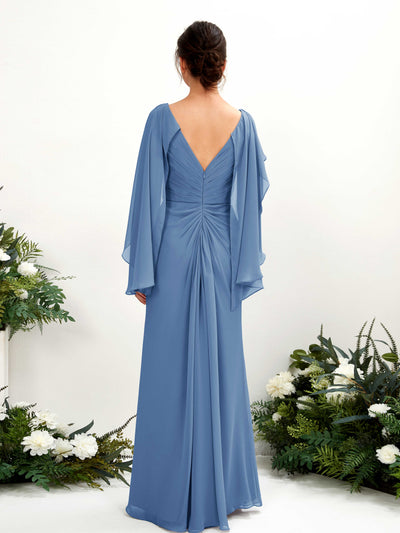 Carlyna Alain A-Line Dusty Blue Bridesmaid Dress Maxi Cap Sleeve V-Neck Dress Back View #color_dusty-blue