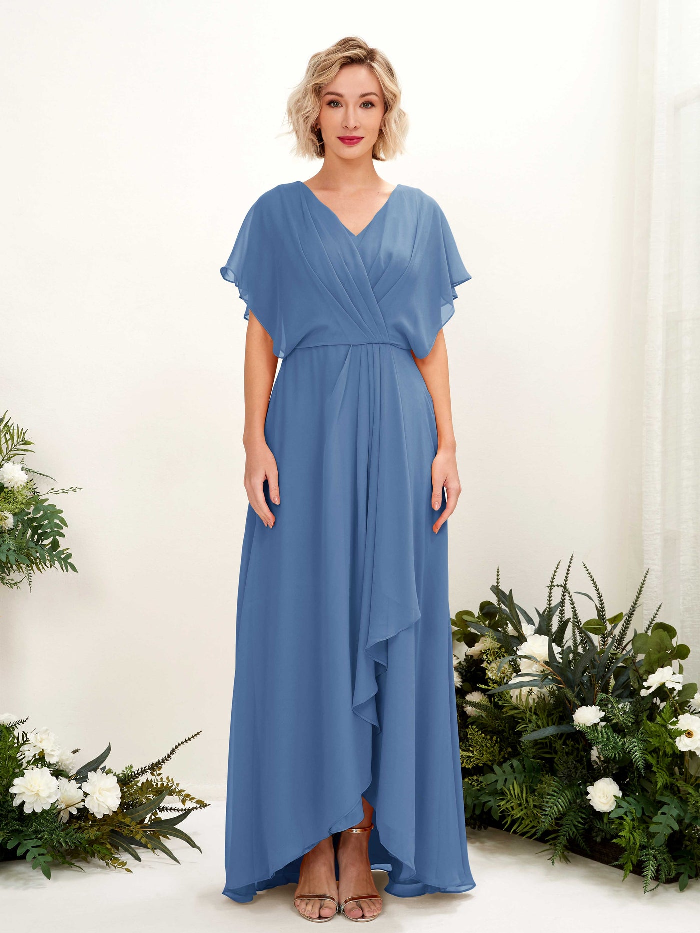 A-line V-neck Short Sleeves Chiffon Bridesmaid Dress - Dusty Blue (81222110)#color_dusty-blue