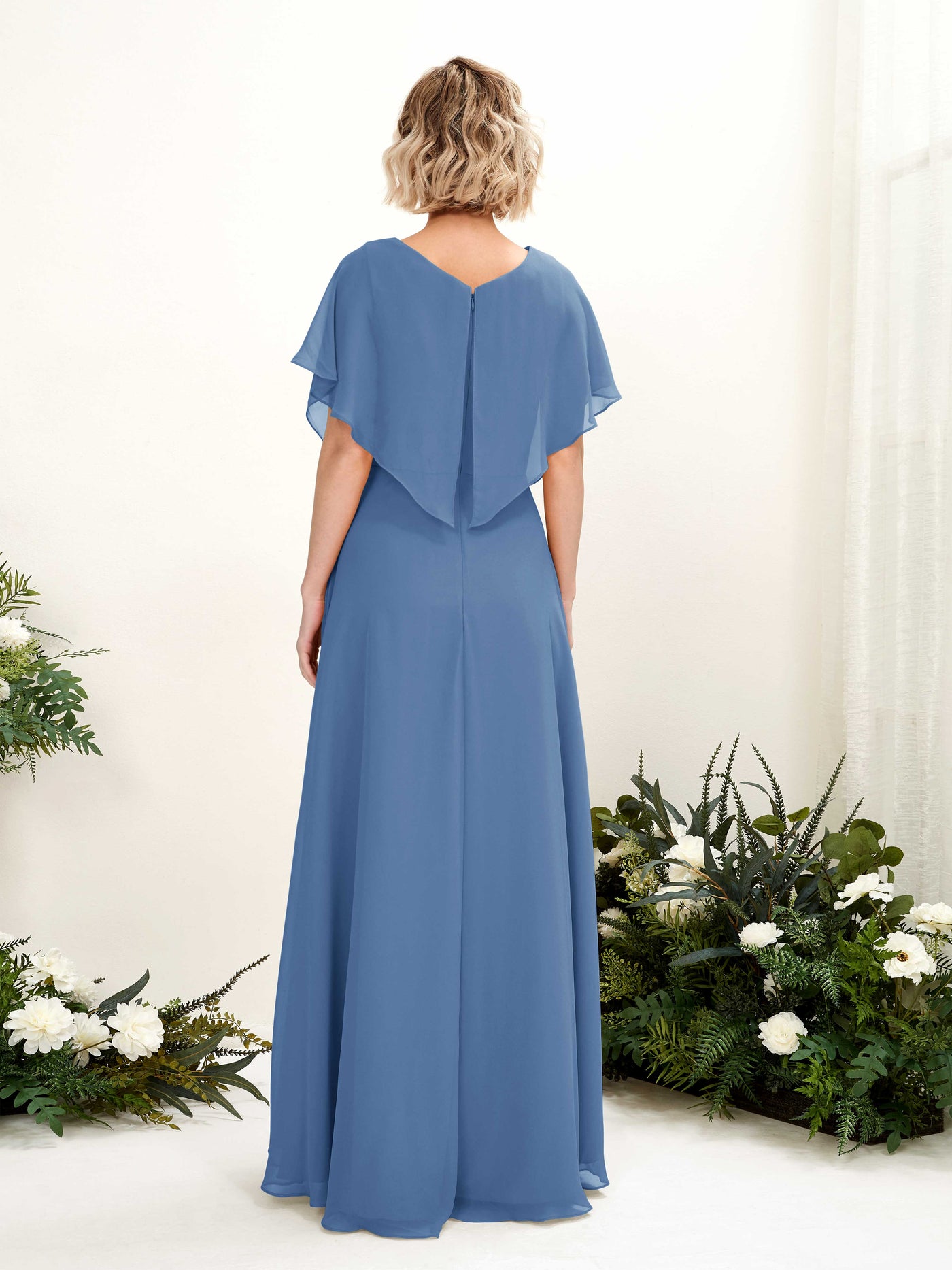A-line V-neck Short Sleeves Chiffon Bridesmaid Dress - Dusty Blue (81222110)#color_dusty-blue