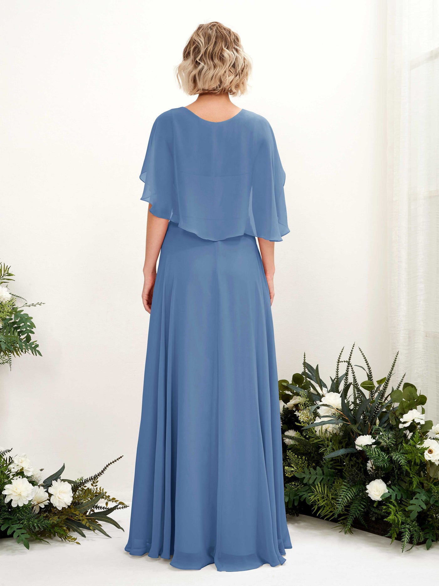 A-line V-neck Short Sleeves Chiffon Bridesmaid Dress - Dusty Blue (81224410)#color_dusty-blue