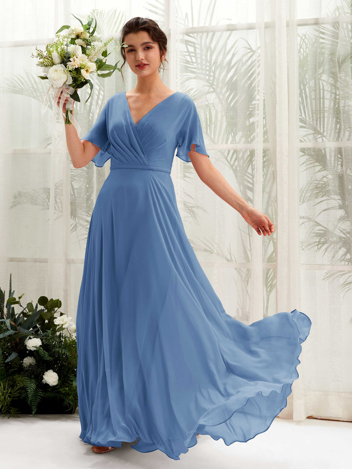 A-line V-neck Short Sleeves Chiffon Bridesmaid Dress - Dusty Blue (81224610)
