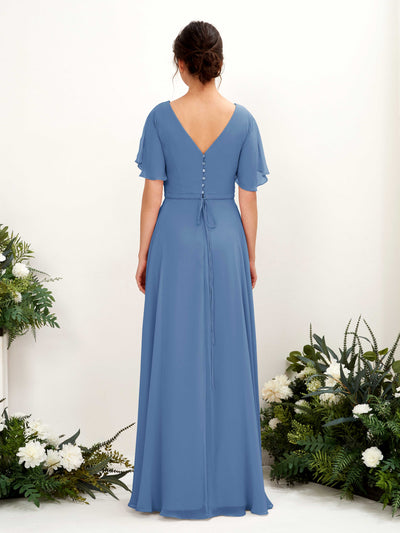 Carlyna Daphne A-Line Dusty Blue Bridesmaid Dress Maxi Short Sleeve V-Neck Dress Back View #color_dusty-blue