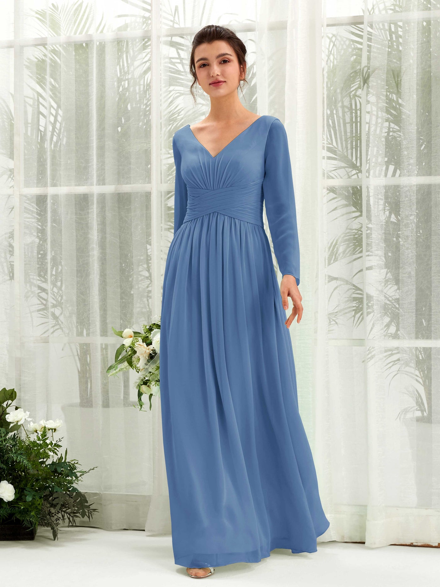 Ball Gown V-neck Long Sleeves Chiffon Bridesmaid Dress - Dusty Blue (81220310)#color_dusty-blue