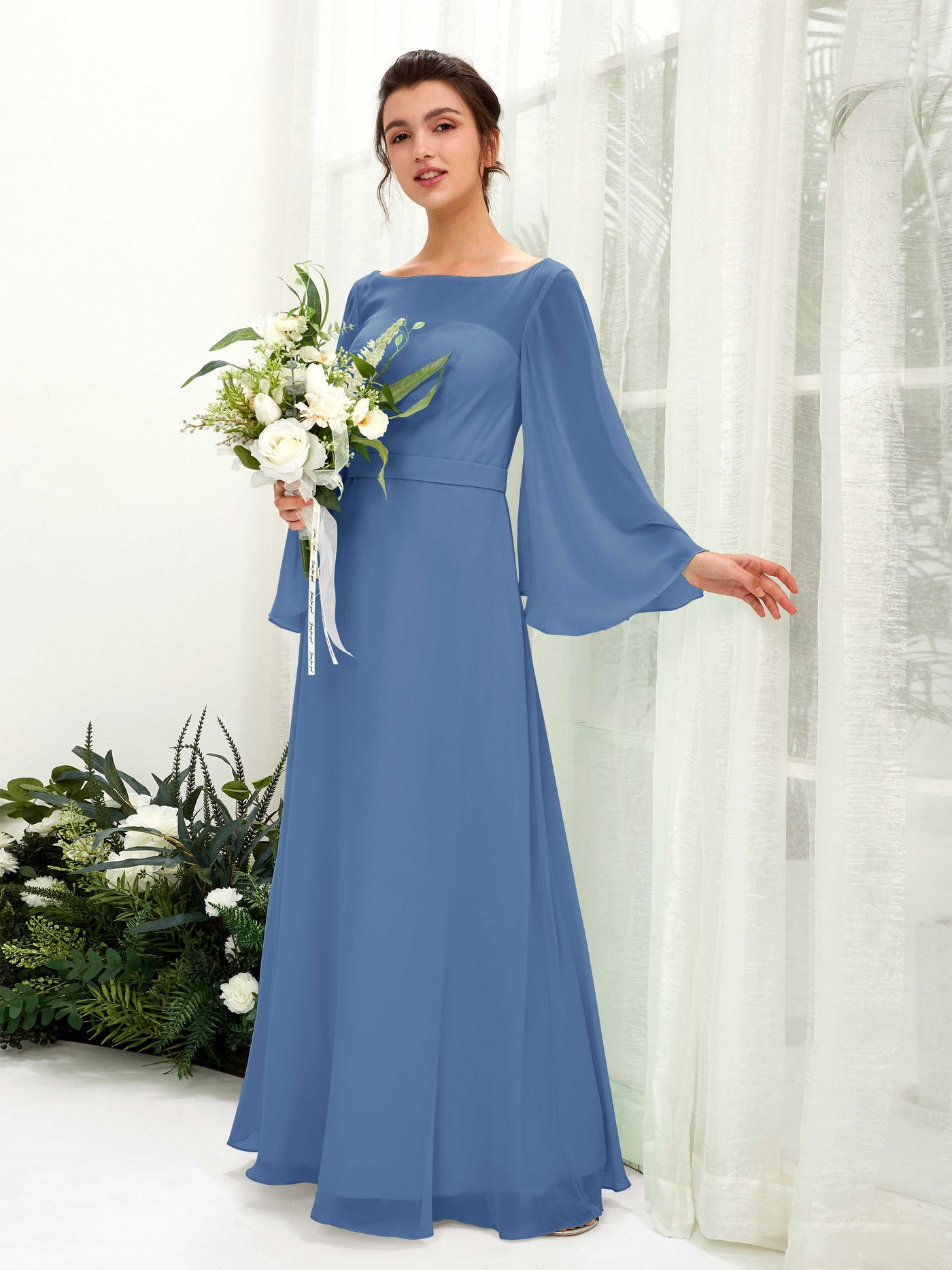 Bateau Illusion Long Sleeves Chiffon Bridesmaid Dress - Dusty Blue (81220510)#color_dusty-blue