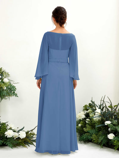 Carlyna Elie A-Line Dusty Blue Bridesmaid Dress Maxi Long Sleeve Boat Neck Back View #color_dusty-blue