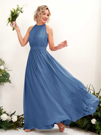 Carlyna Eden A-Line Dusty Blue Bridesmaid Dress Maxi Sleeveless Round Neck Dress Front View #color_dusty-blue