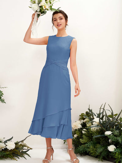 Carlyna Raina Mermaid Dusty Blue Bridesmaid Dress Midi Sleeveless Round Neck Dress #color_dusty-blue