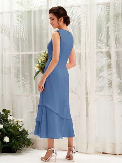 Carlyna Raina Mermaid Dusty Blue Bridesmaid Dress Midi Sleeveless Round Neck Dress #color_dusty-blue