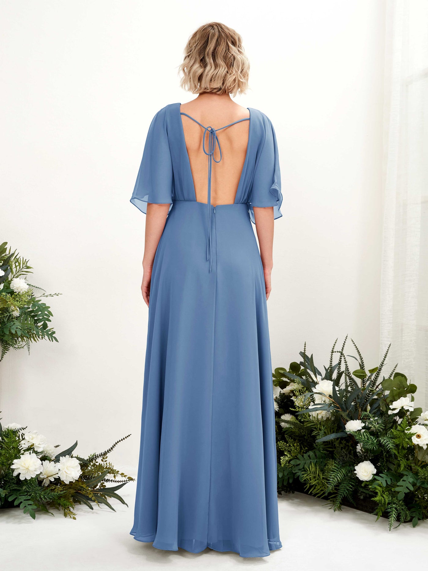 V-neck 1/2 Sleeves Chiffon Bridesmaid Dress - Dusty Blue (81225110)#color_dusty-blue