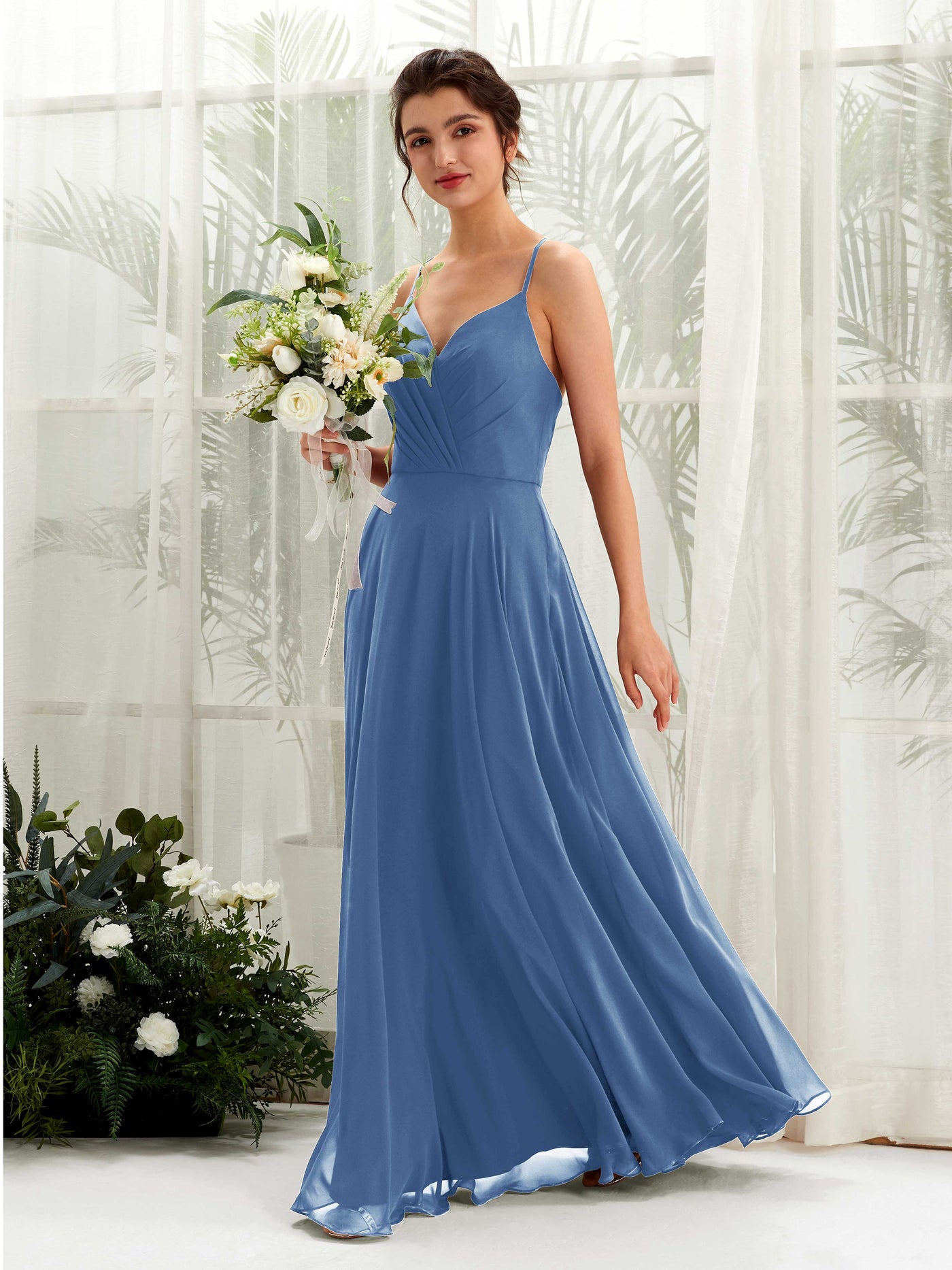 Spaghetti-straps V-neck Sleeveless Bridesmaid Dress - Dusty Blue (81224210)#color_dusty-blue